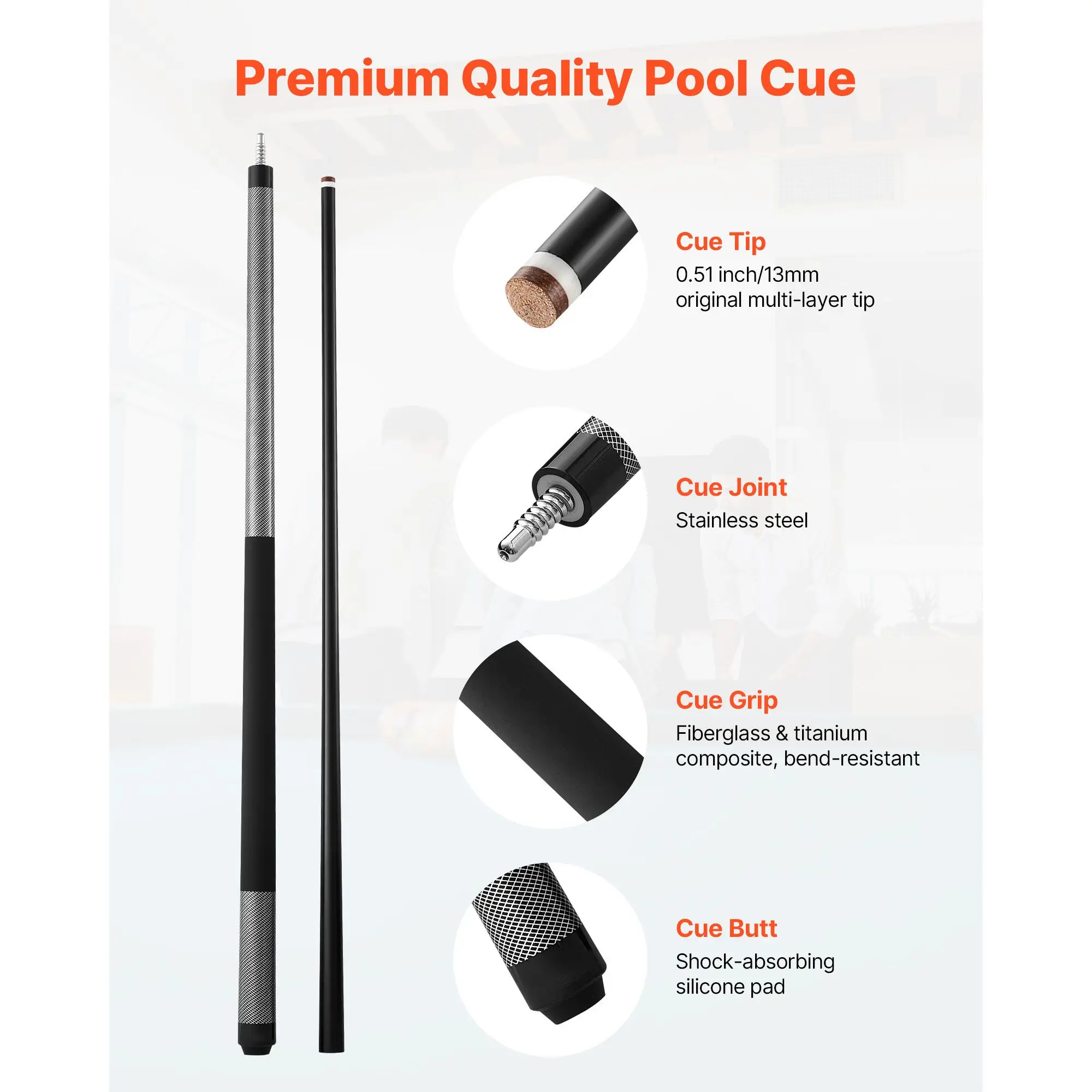Pool Cue, 1 Piece Pool Stick, 58 inch & 21 oz Fiberglass Titanium Composite Billiard Pools Cue Stick with Multi-Layer Tip, Cues Sticks for Professional Pool Table, Bar, Home Pool Games, Office