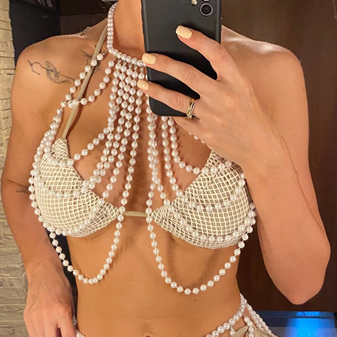 Luxuriöses Perlen-Neckholder-Bikini-Oberteil, durchsichtig, Damen-Badeanzug, Badebekleidung, Badeoberteil, Badeanzug, Badebekleidung, Badeoberteil mit Ausschnitten, Strandtop V5407 – Detail 2