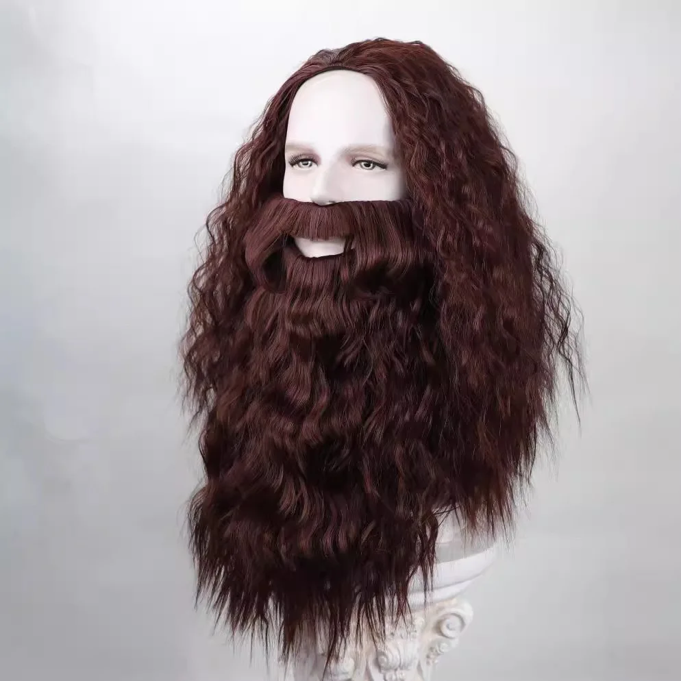 Long Curly Brown Wig and Beard for Men Magic Animal Professor Costume Wigs Synthetic Hair for Halloween Party image 5