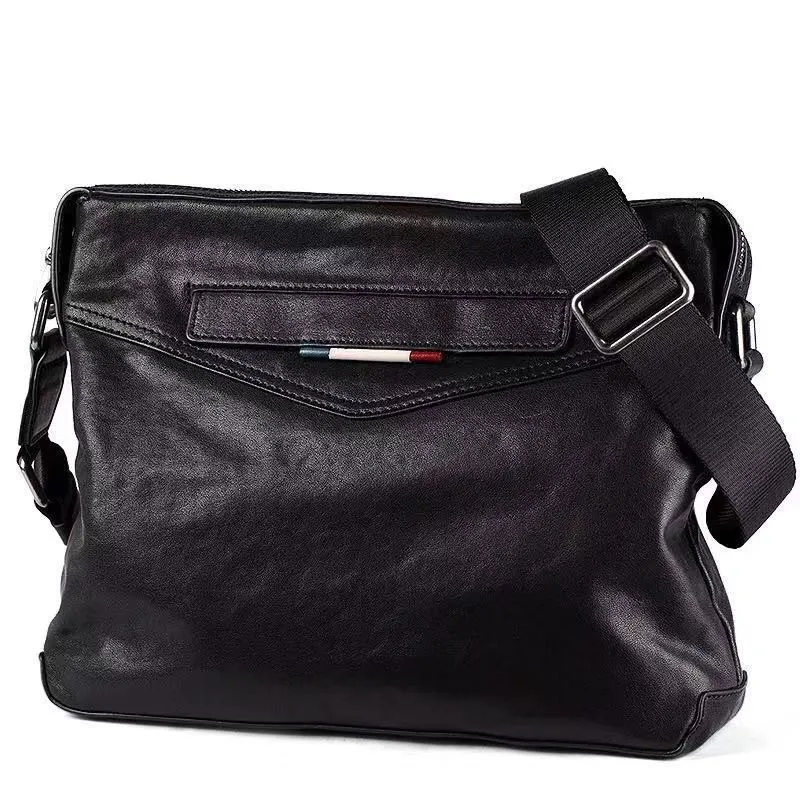 Retro men's crossbody bag, high-end black genuine leather, durable commuting and travel waterproof single-shoulder bag