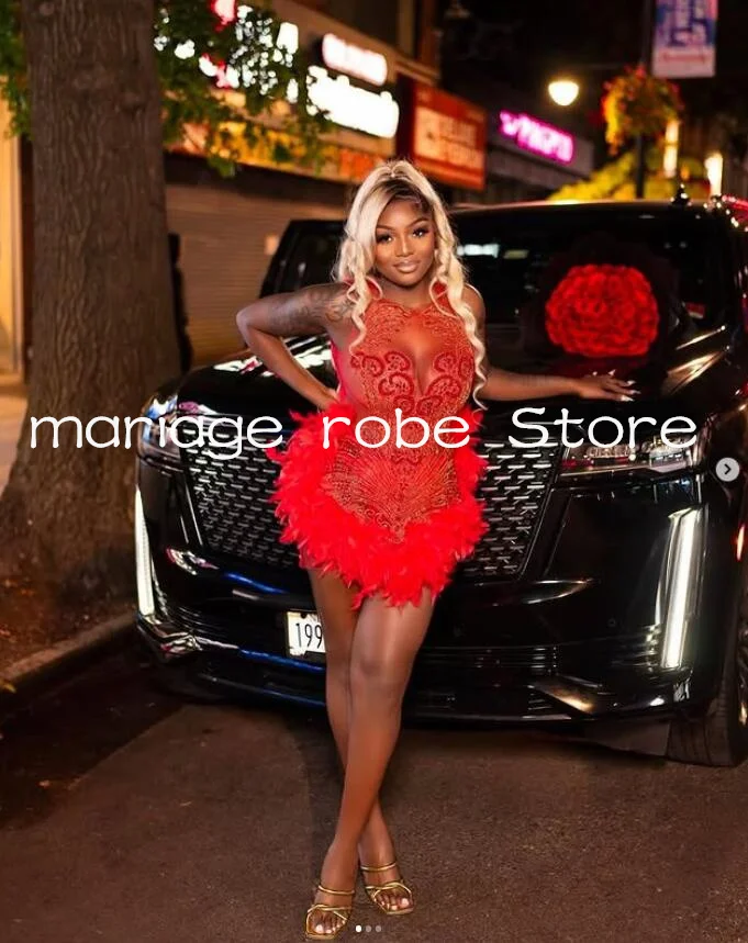 Red Sparkly Short Prom Homecoming Dresses for Black Girl Customsized Luxury Diamond Feather Birhtday Party Gala Gown 2025