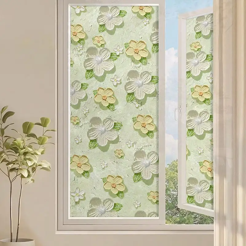 1Roll 60*100cm 3D Embossed Floral Window Privacy Film Static Cling UV Blocking For Bathroom Bedroom Glass Decoration