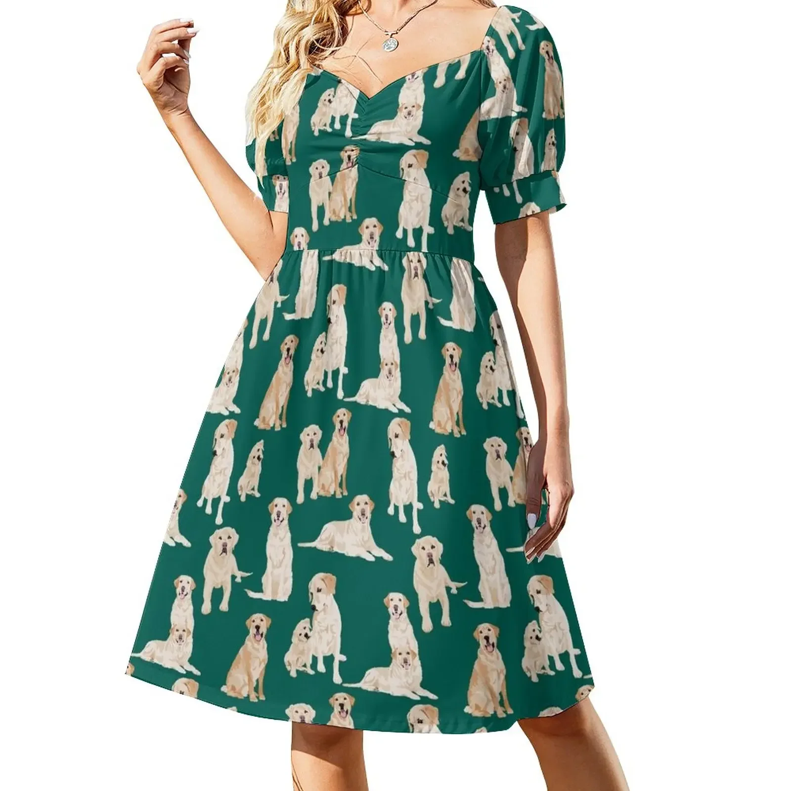 Yellow Lab Green Short-Sleeved Dress elegant dress women dress Elegant gown