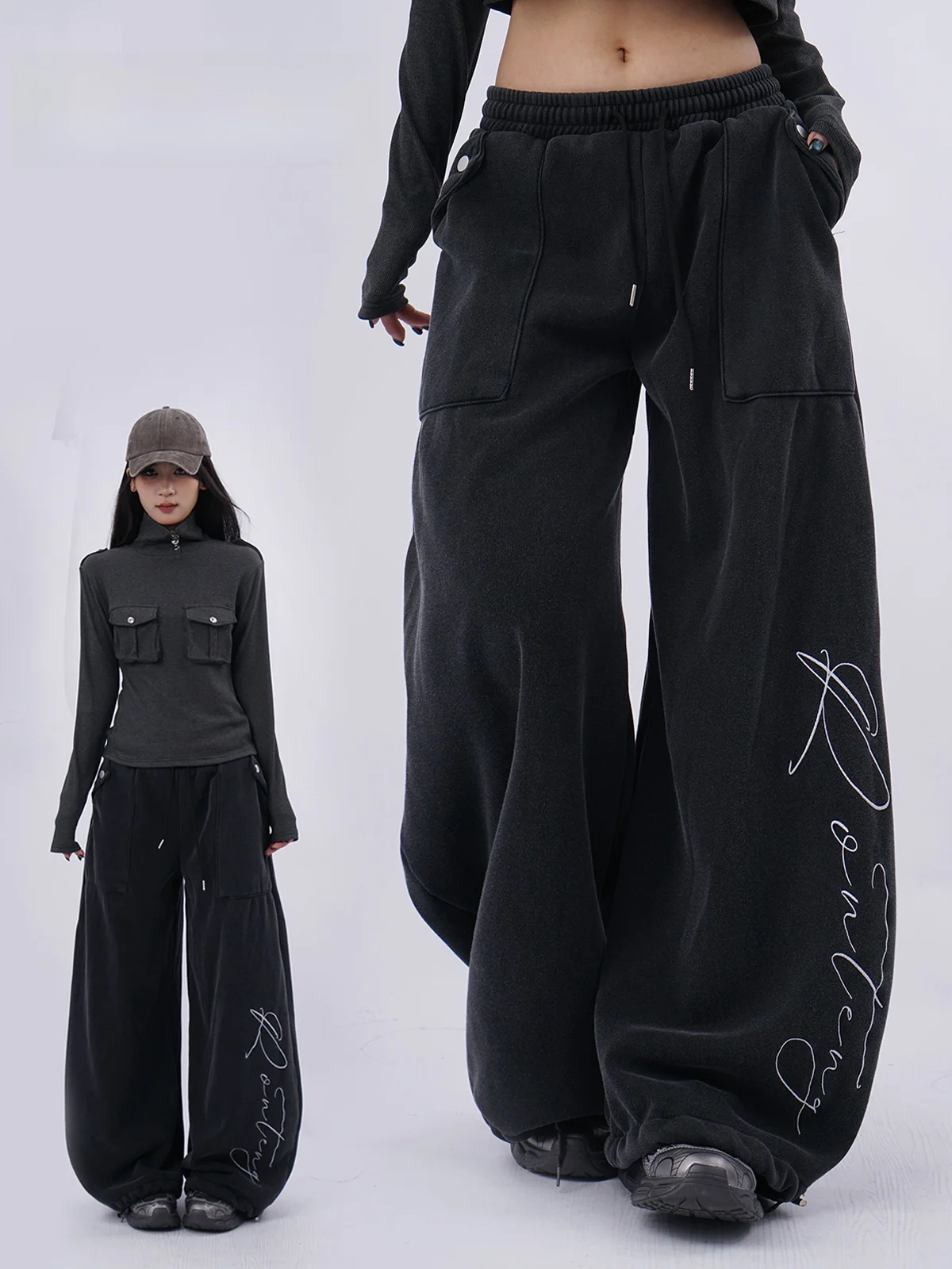 

Trendy Tie-Dye Ombre Fce Lined Thiened Warm Casual Pants Low Waist Wide Leg Workwear Sle Spor Leisure Trousers