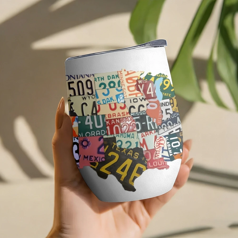 License Plate Map Vacuum Flasks 12oz Insulated Wine Tumbler Vacuum Coffee Mug Egg Shape Thermos Cup