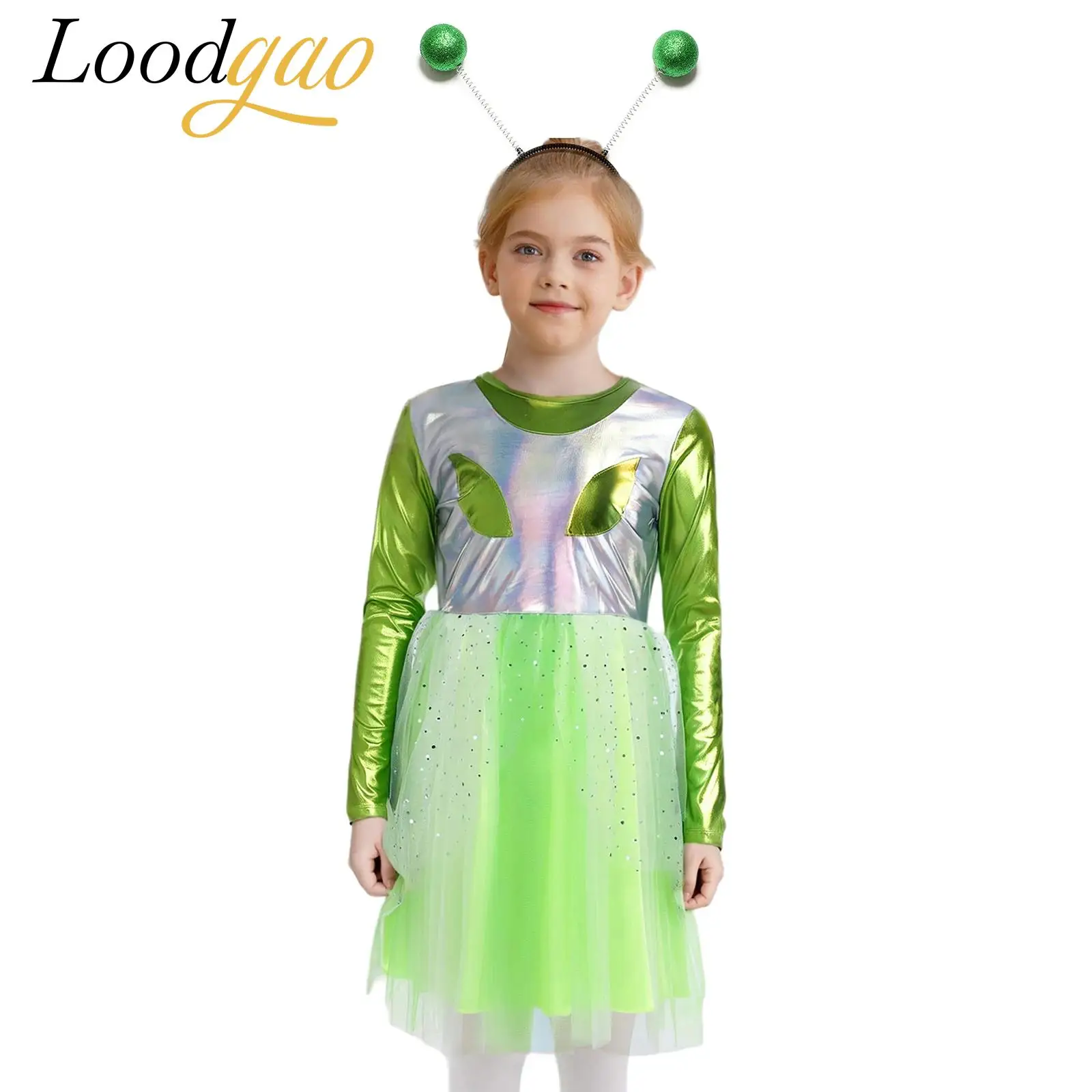 

2T-14 Cosmic Outer Space Robot Cutie Costume Girls Alien Fancy Dress with Hair Hoop Halloween Dress Costume Set