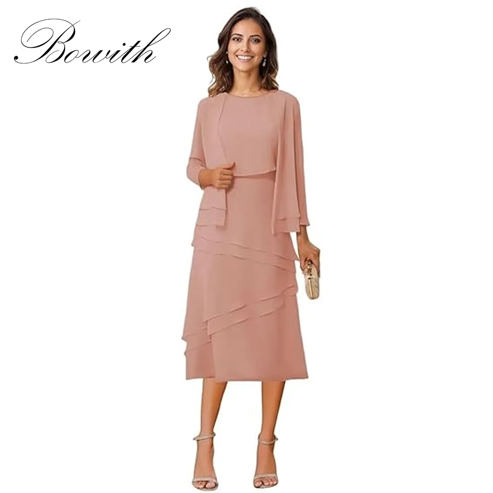

Bowith 2 Pieces Chiffon Mother of The Bride Dresses Tiered Tea Length Customized Formal Evening Dress with Jacket