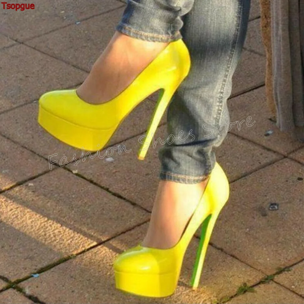 Yellow Platform Slip on Pumps Patent leather Stilettos High Heels High Heel Shoes for Women Heels 2024 New Zapatos Para Mujere