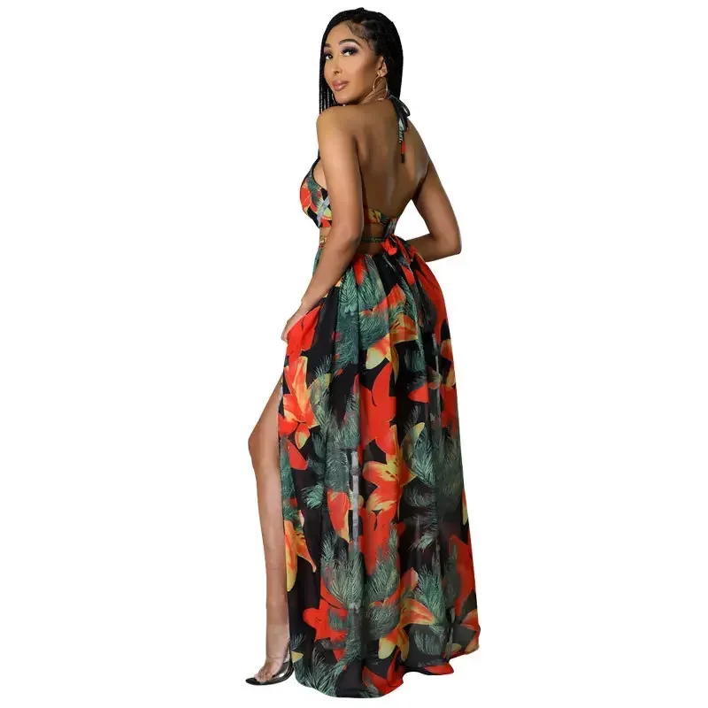 Floral Print Maxi Dress For Women Stylish French Halterneck Summer Dress Mid Length Camisole Dress Elegant High Split Dress