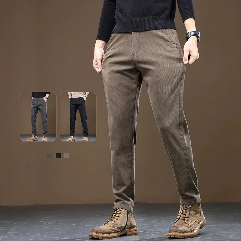 

Spring 2024 New Men's Slim Straight Pants Business Casual Imitation Denim Elastic Cotton Fashion Korean Male Coffee Trousers