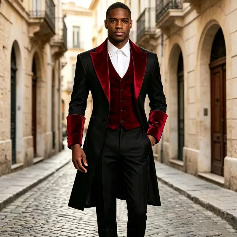 Men Velvet Long Tailcoat 3‑Pieces Wedding Groom Tuxedo Suit Separates Formal Prom Party Blazer with Vest Pants Wedding Outfit