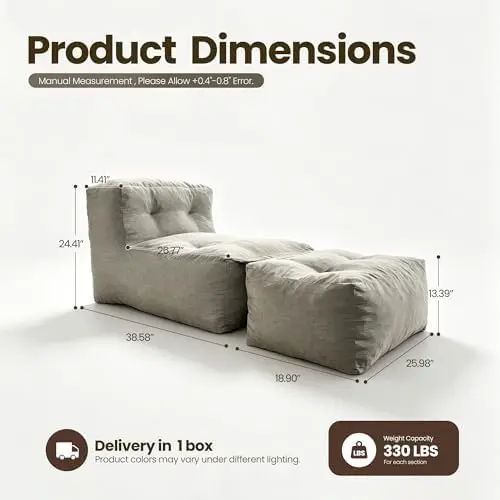 Outdoor Bean Bag Chair with Ottoman 2-in-1, Dark Gray | Lounge Beanbag with Filling, Water-Repellent Polyester Fabric