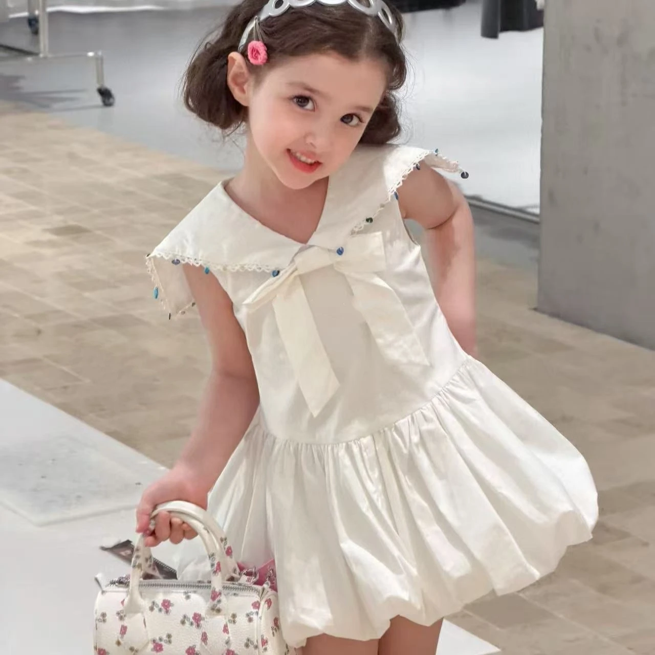

Girls Dress 2026 Spring and Summer New Childrens Clothing Korean Style Girl Baby College Style Bow Flower Bud Dress Simple