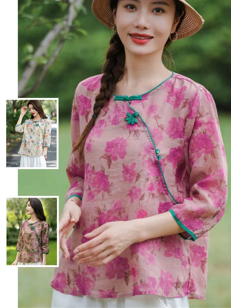 ريترو التباين اللون القطن الكتان طباعة irt المرأة الجديدة الصيف رقيقة Sve سبعة بلوم الأزهار أعلى زر متابعة جولة Ne #1