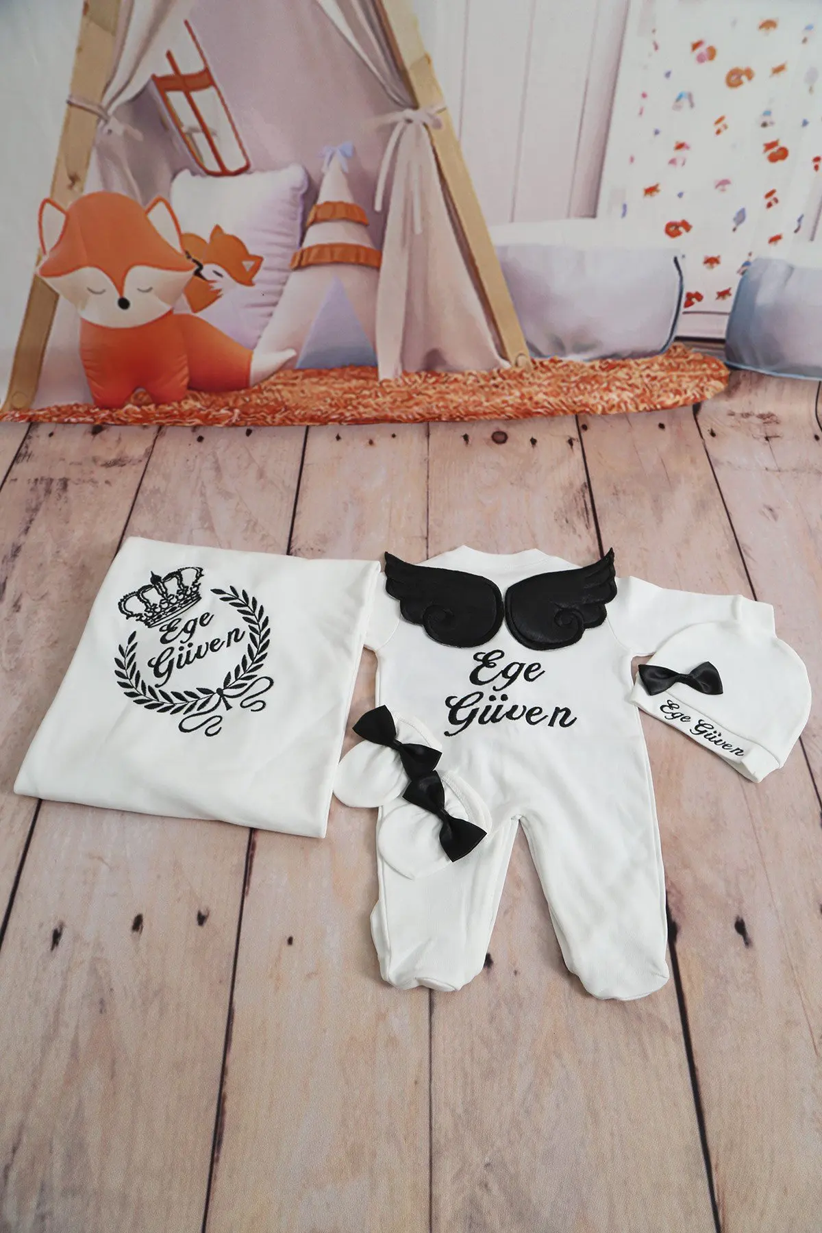 Dollbling Hospital Exit 3pcs Plus Blanket Embroidery Name Newborn Angle Wings Romper Blanket  Nursery Bedding Swaddle Outfit