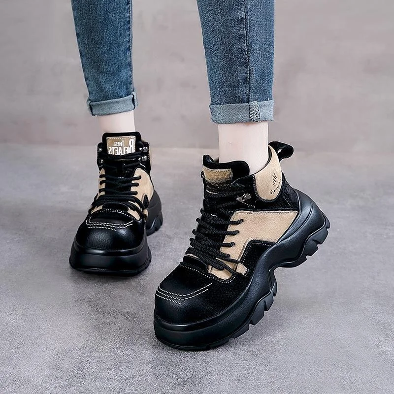 

British Style Short Boots Patchwork Color Smoke Tube Cotton Leather Ankle Boots Flat Heel Summer Autumn round Toe