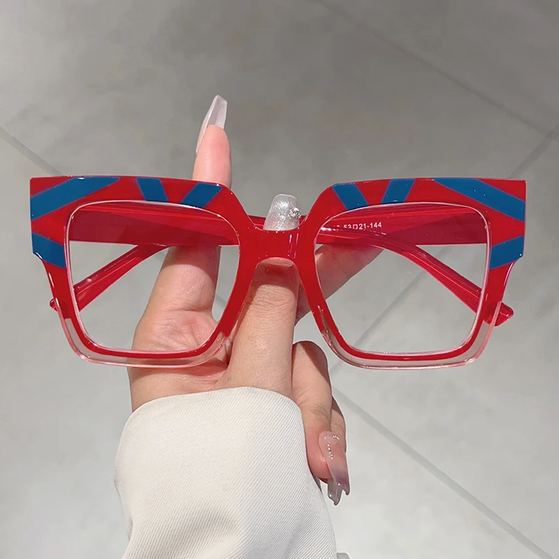 KAMMPT Oversized Square Glasses Women Fashion Vintage Patchwork Blue Light Blocking Eyeglasses Stylish Non-prescription Eyewear