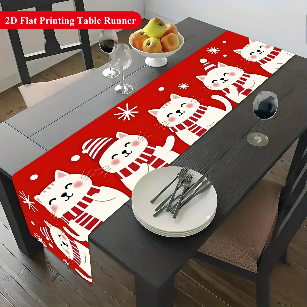 

2D Printed Table Runner Cute Winter Cat Design Polyester Table Decor Soft Durable Easy Care For Holiday Dining Home Indoor Out