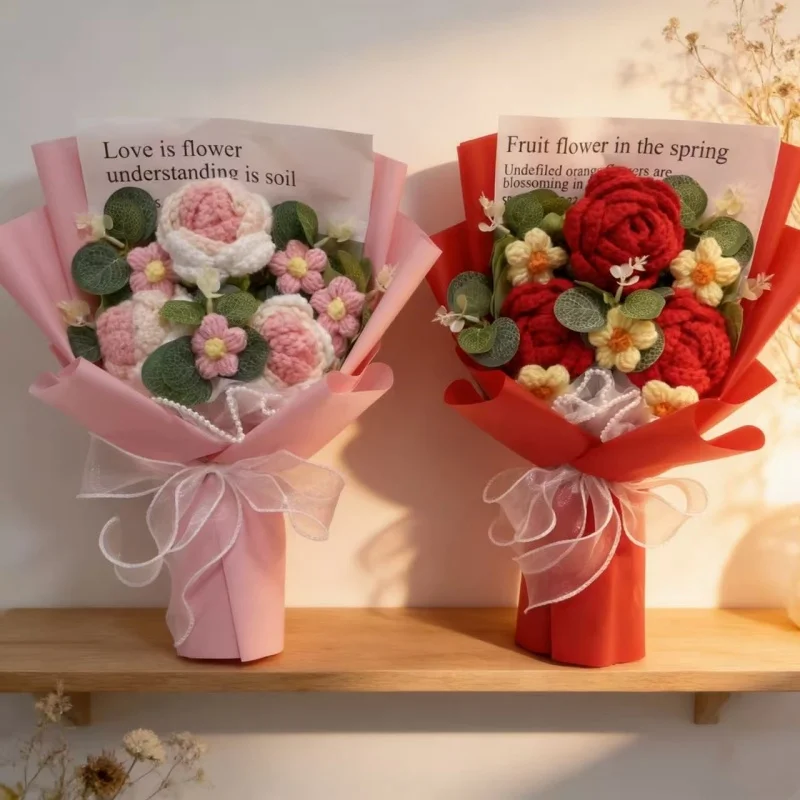 Künstliche Häkelrosen Fertige Gestrickte Blumensträuße Kreative Weihnachts-, Geburtstags-, Valentins- und Abschlussgeschenke – Detail 4