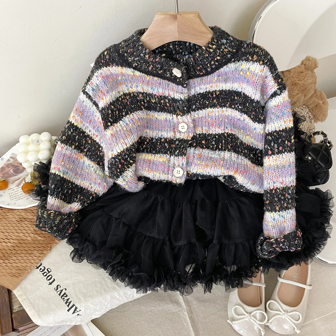 

Осенний стиль для девочек, вязаный полосатый свитер, куртка 202, весенне-осенняя мода, корейское издание, топ для маленьких девочек