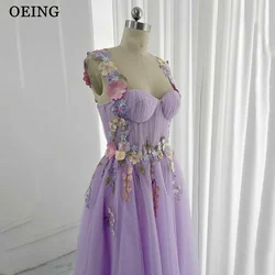 OEING Fairy Lavender Prom Dresses Pastrol Spaghetti Straps 3D Flowers Lace Up Back Evening Dress Summer Vestidos De Para Mujer