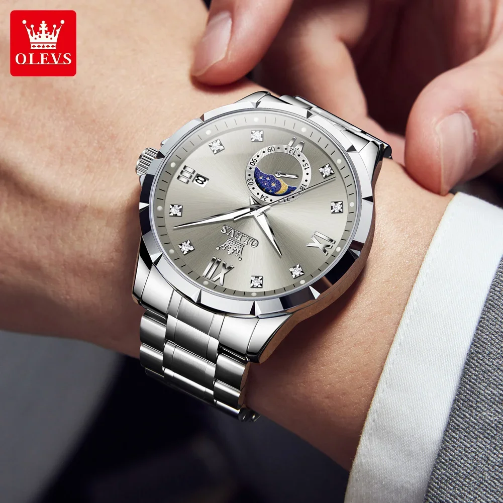 OLEVS 2956 Men's Luxury Brand Quartz Watch Fashion Original Large Dial Automatic Date Waterproof Moon Phase Watches for Man