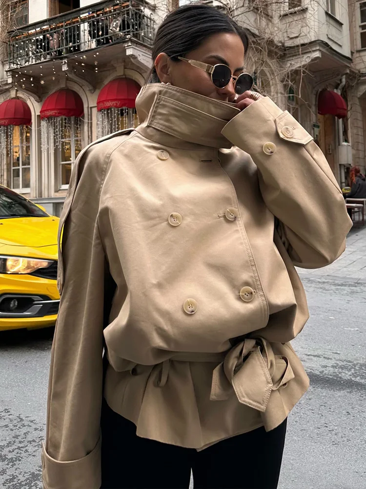 HH Fashion Woman Casual Street Style Coat Women Short High Neck Windbreaker Double-Breasted Belt Decoration 2026 Solid Jacket