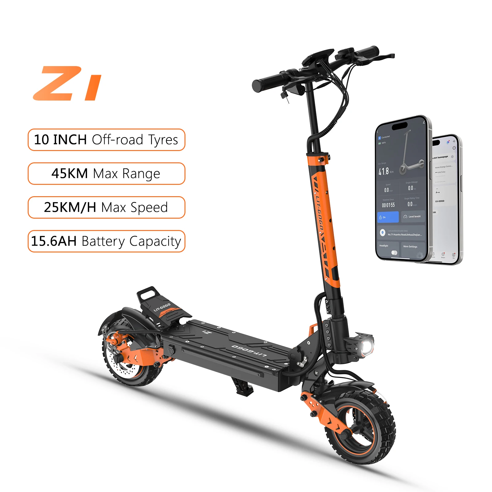 Z1 E Scooter Scooter électrique, E-Scooter Scooter Max. 20 km/h, Jusqu'à 50 km de portée, Jusqu'à 20% Incendes, Affichage de pneus pneumatiques de 10 pouces et connexion à l'application, Scooter électrique pliable