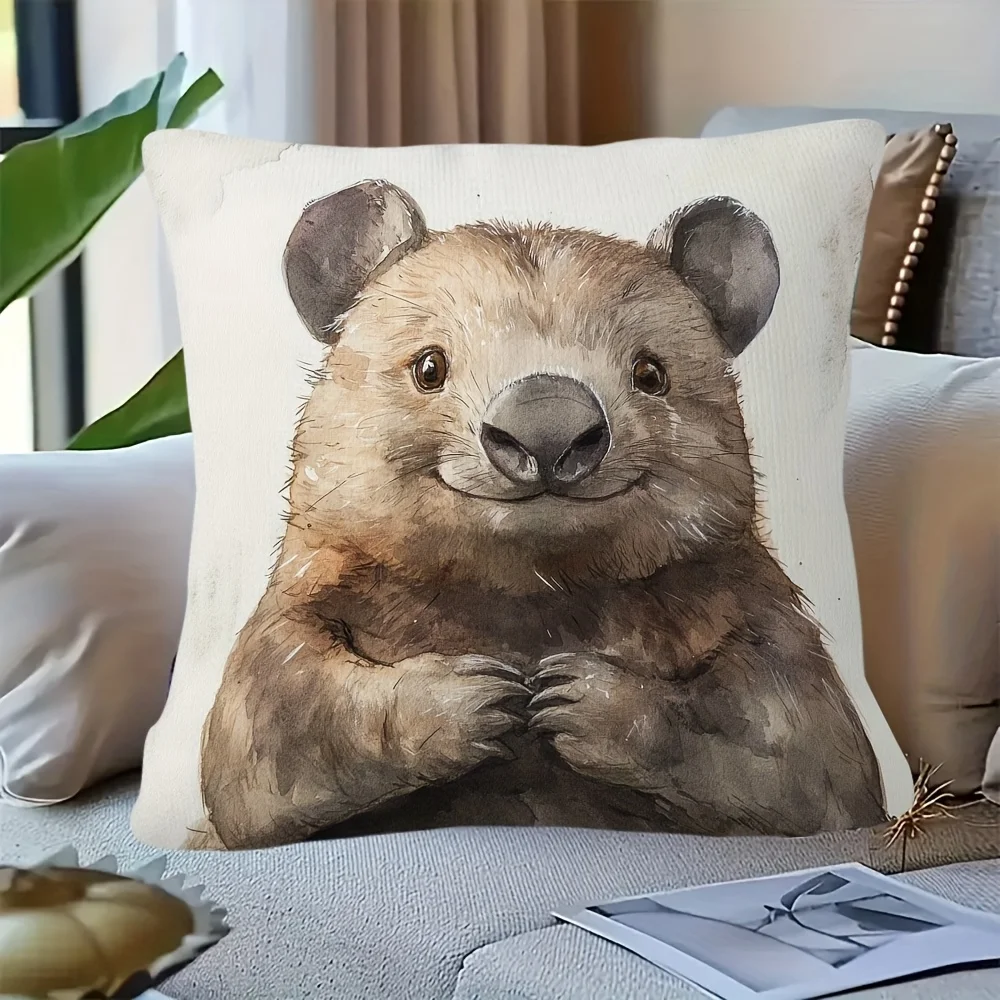 1pc Cute Wombat Pillow Cover, Polyester 2D Double-Sided Print, Watercolor Smiling Wombat Art, Australian Animal Lover Home & Car