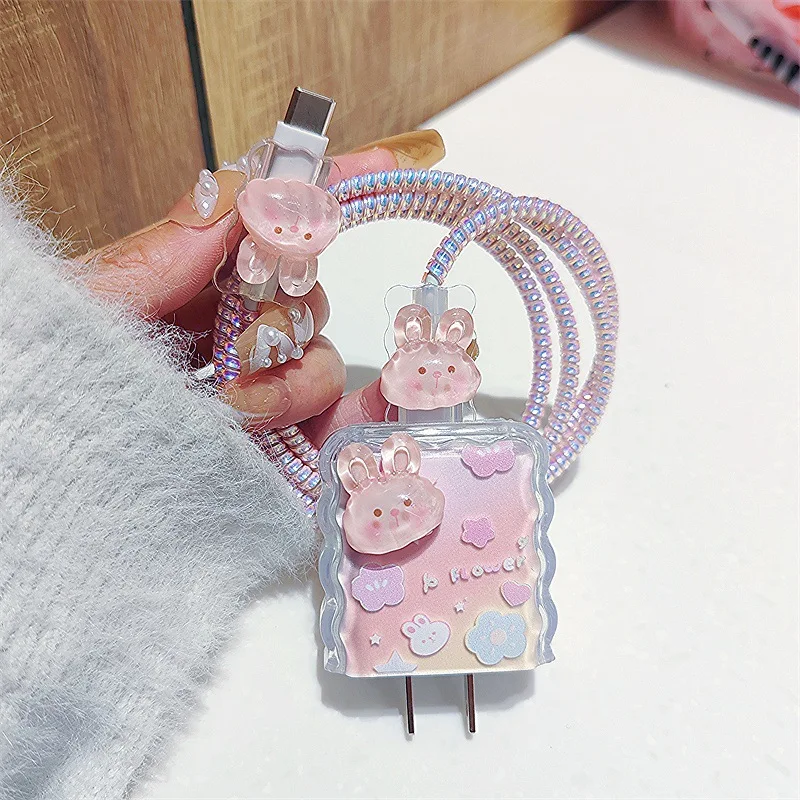 Pink Rabbit Cable Charger Protector Sleeve for IPhone 15 14 13 12Pro 18W 20W Original Charger Data Cable Wire Winder Protective