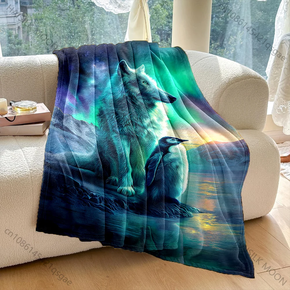

1PC Wolf and penguin beneath aurora Print Adult Children Warm Blankets Home Travel Car Soft Comfortable Suitable for all seasons