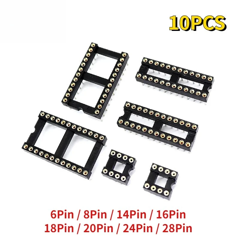10PCS DIP IC Socket Kit 6/8/14/16/18/20/24/28Pin Round Hole 2.54mm PCB Solder Mount Sockets for Chip Prototyping Repair