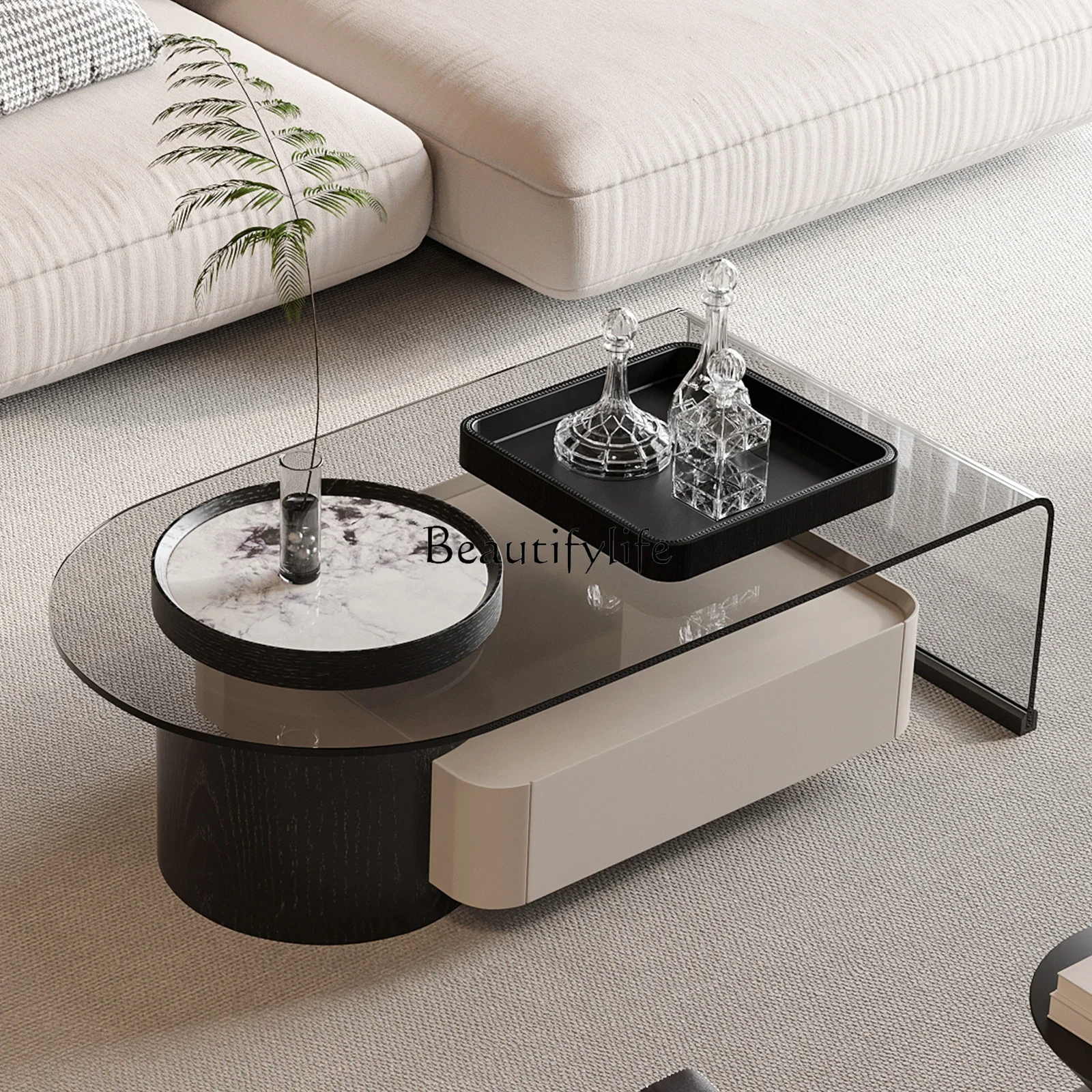 

LPremium Italian minimalist retractable coffee table living room tempered glass high-end tea table rectangle