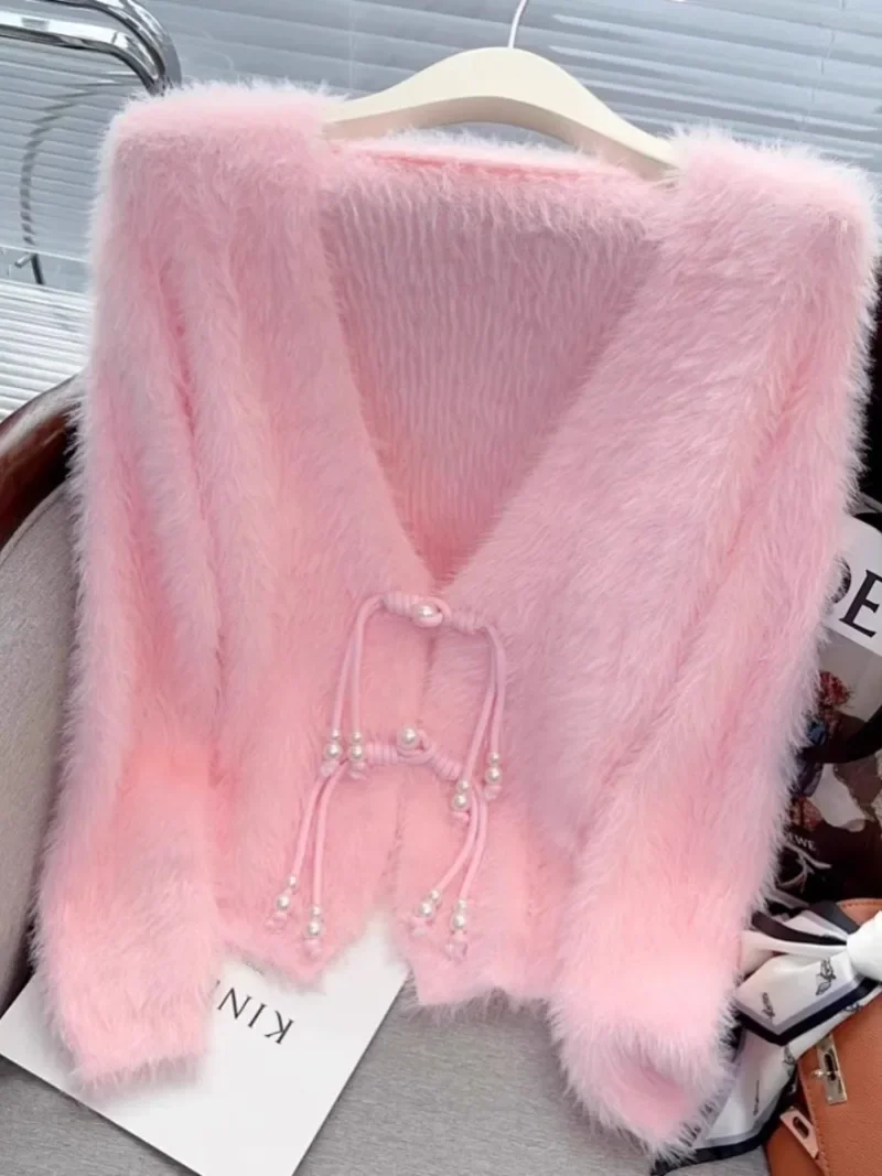 V Neck Mink Cashmere Sweater Women Elgeant Sweet Knitwear Tops Lace Up Pink Cardigan Pull Femme Knitted Clothes