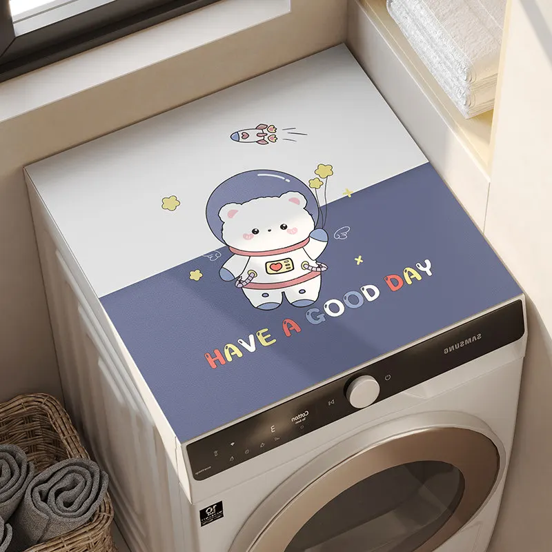 VIKAMA Space Astronaut Bear Washing Machine Top Mat Blue Planet Star Print Waterproof Anti Dust Laundry Dryer Cabinet Pad