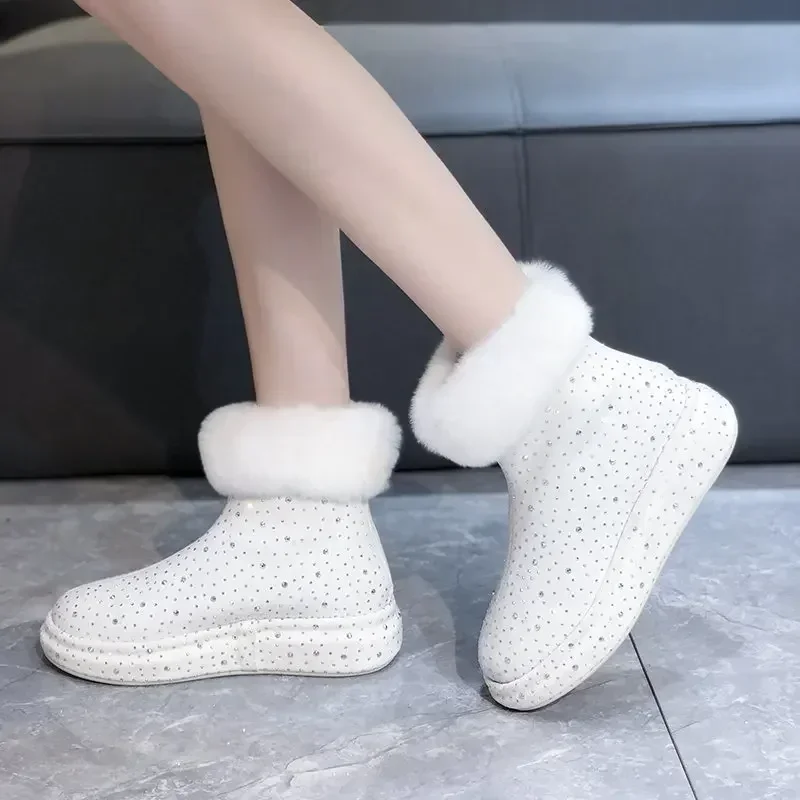 2024 New Luxury Designer Women\'s Snow Boots Thick Plush Fashion Winter Cotton Shoes Shining Water Diamond Warm Shoes zapatos