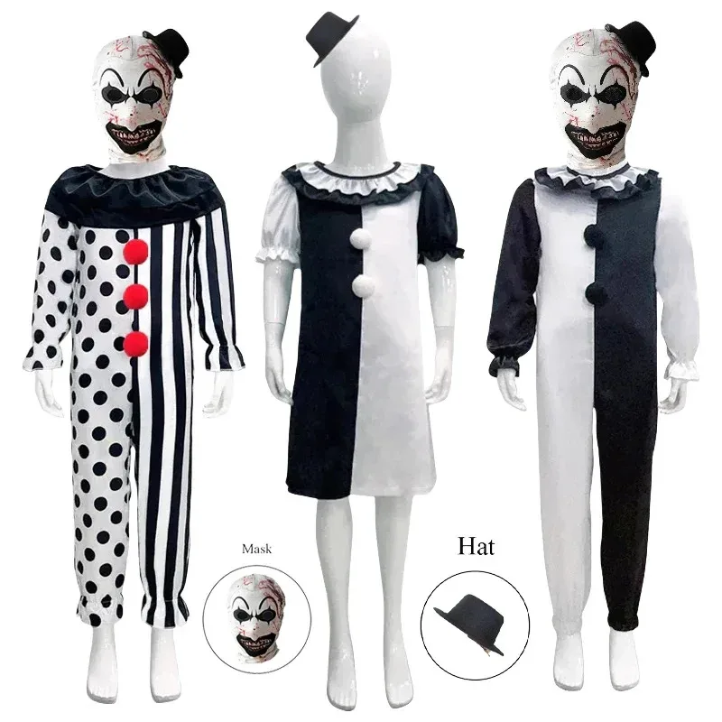 Terrifier Cosplay Costume Children Girls Boys Horror Carnival Party Dress Hat Mask Killer Clowns Jumpsuit for Halloween Costumes
