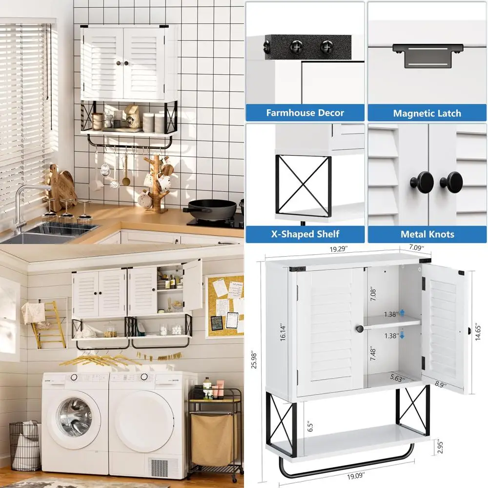 

Белый настенный аптечка среднего размера с жалюзи и вешалкой для полотенец для хранения в ванной комнате