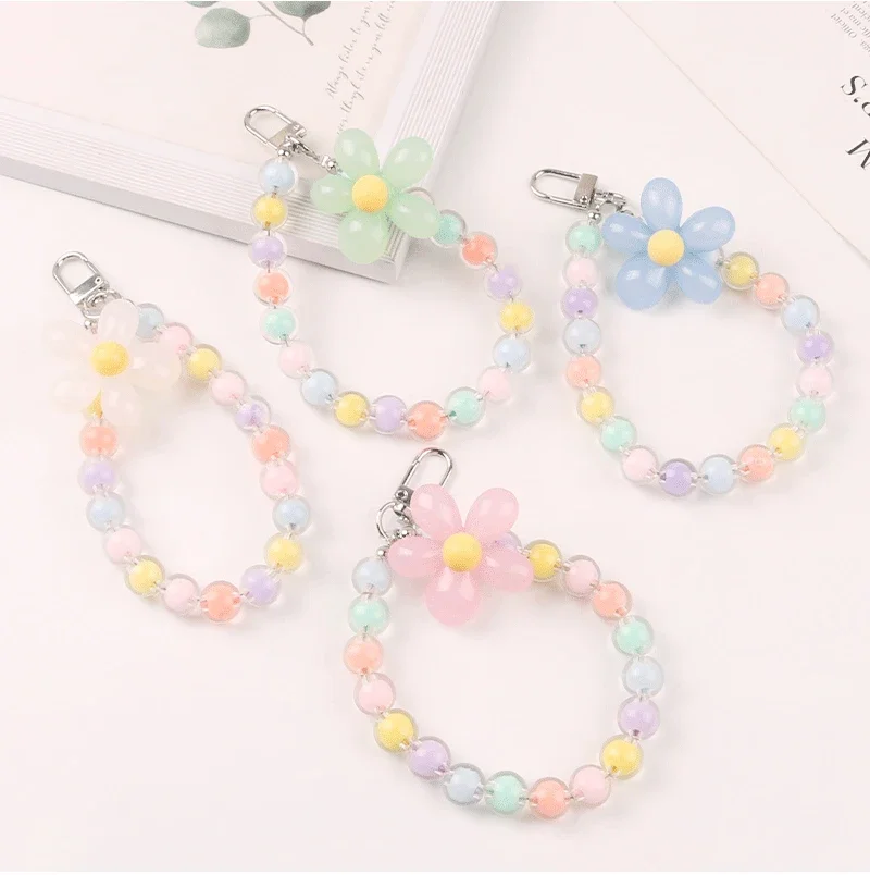 New Fashion Beaded Resin Flower Car Keychain Pendant DIY Color Beaded Chain Headphone Set Couple Bag Decoration Wholesale