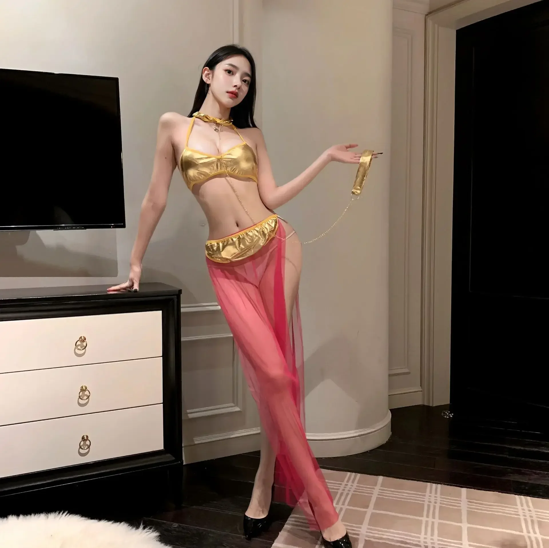 369 Bibi مجموعة فستان ماكسي شيفون مغر بفتحة جانبية غريبة بقماش شفاف وملابس داخلية لامعة زي لعب الأدوار