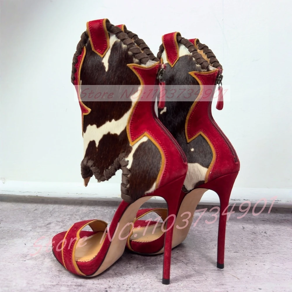 Cow Print Horse Hair Western Sandals Women Stylish Ankle Wrap Open Toe Platform High Heels Sandals Lady Party Festivals Sandals