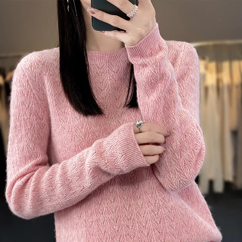 Autumn/Winter New 100% Pure Wool Sweater Casual Solid Color Knit Blouse Round Neck Hollow Tops Fashion Ladies Pullover