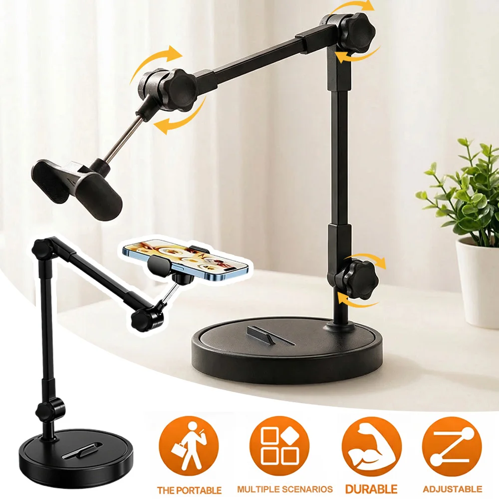 1 ensemble de support de téléphone portable de 55 cm avec bras mécanique réglable multidirectionnel et base circulaire, utilisé pour les vidéos en direct et les appels vidéo.