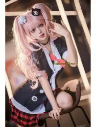 Anime Dangaronpa Cosplay Costume Enoshima Junko Uniforms Cafe Work Suit Short Skirt Ponytail Wig Halloween Costume