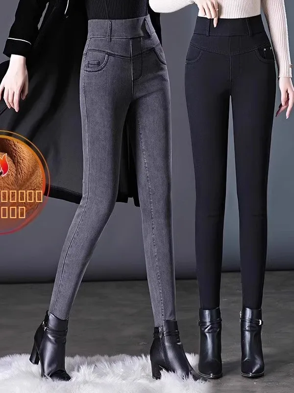 

Утепленные джинсовые леггинсы на флисовой подкладке с высокой талией и эластичным поясом для женщин, весенне-осенние хлопковые брюки