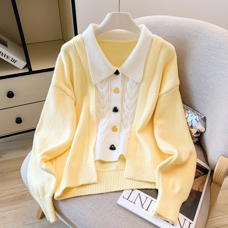 

Women's Yellow Patchwork Cardigan Sweater Vintage 2000s Y2k Jumper Knitwear Korean Style Long Sleeves Sweater Outerwear Autumn