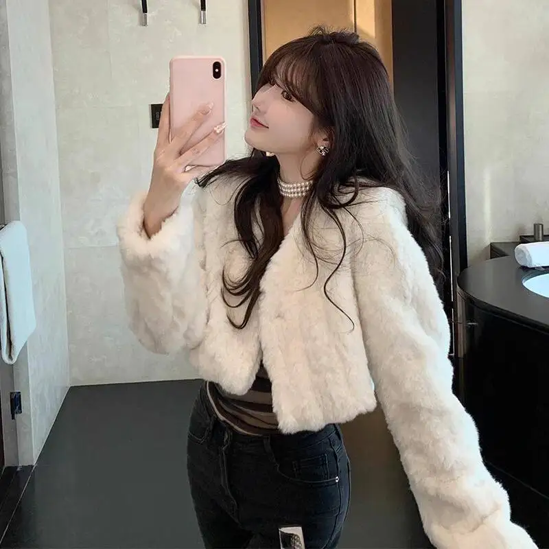 Chic V Neck Cropped Faux Rabbit Fur Jacket Women Elegant Single Button Plush Coats Woman Autumn Winter Fluffy Fleece Outerwear