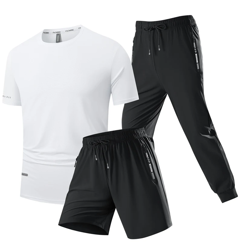 

Plus Size 8XL Ice Silk Set Summer Men's Sports Running Three Piece Set with Round Neck Short Sleeved T-shirt Shorts Long Pants