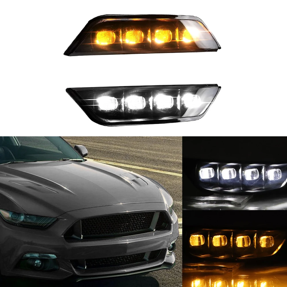 2pcs For Ford Mustang 2015-2017 Yellow Turn Signal Waterproof ABS Car DRL 12V LED Daytime Running Light LED Fog Lamp Decoration