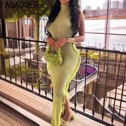 FAGADOER Fashion Knitting Irregular Tassels Bodycon Long Dresses Women Round Neck Sleeveless Slim Slim Vestidos Female Clothing